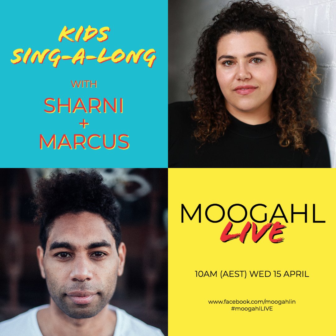 Tomorrow morning 10am (AEST/Sydney), dynamic duo Sharni &amp; Marcus will delight kids and inner-kids alike with their storytelling and original songs about bush tucker, friends &amp; family, dreams &amp; wishes! 

facebook.com/moogahlin/live/

#moogahlLIVE