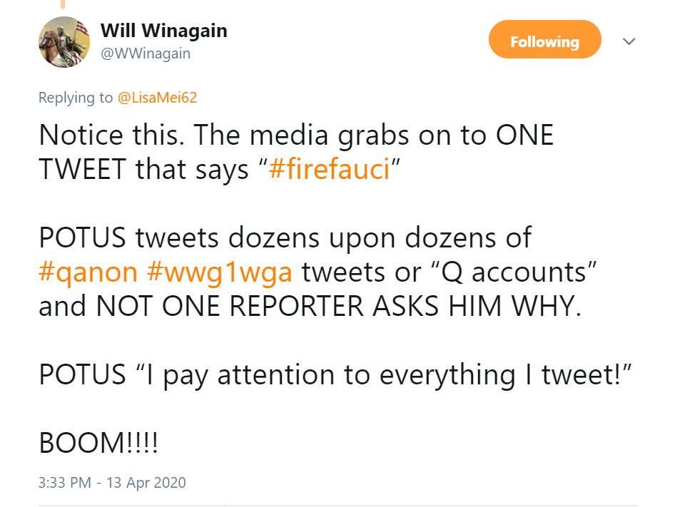 23) Why doesn't the media ask POTUS about those Q hashtags he's always retweeting? https://twitter.com/WWinagain/status/1249828059026341888