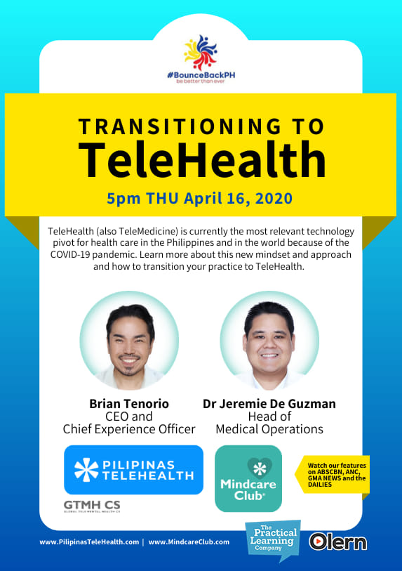 #BounceBackforBusiness

This Thursday, April 16 at 5pm, join #BrianTenorio and Dr. Jeremie de Guzman of Pilipinas TeleHealth and Mindcare Club to discuss the topic "Transitioning to Telehealth". Those in the health sector can definitely benefit!
facebook.com/events/2590625…