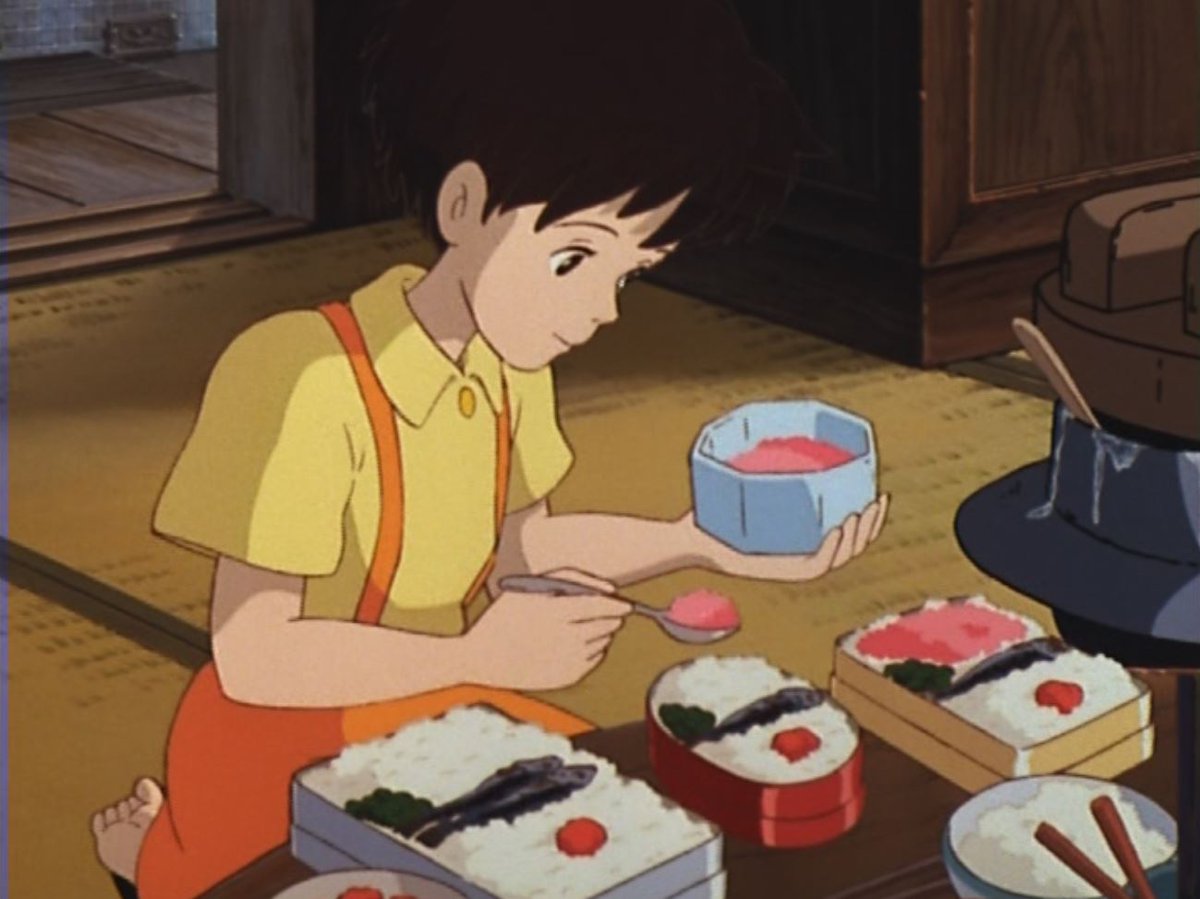 My Neighbour Totoro! A few food shots that I like from the film are these. As a kid the BENTO was something I wanted so much!!! Also, when I was in the countryside in Japan, the veggies and fish were on POINT. Looking at these photos now I can just taste everything lol.