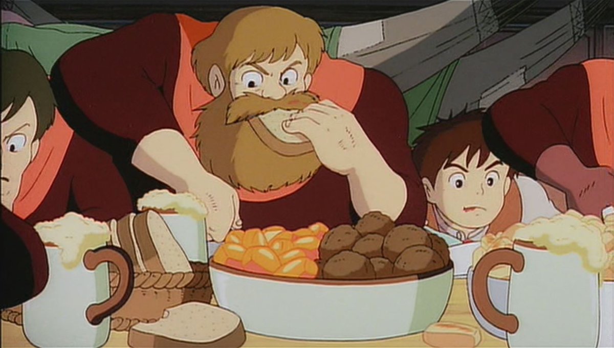 Castle In The Sky. I can't think of any other word at the moment to describe the food shots in this film but.......honest. Meat and potatoes. Right to the point lol! Just like the personalities of the pirates and the intense situation everyone is in.