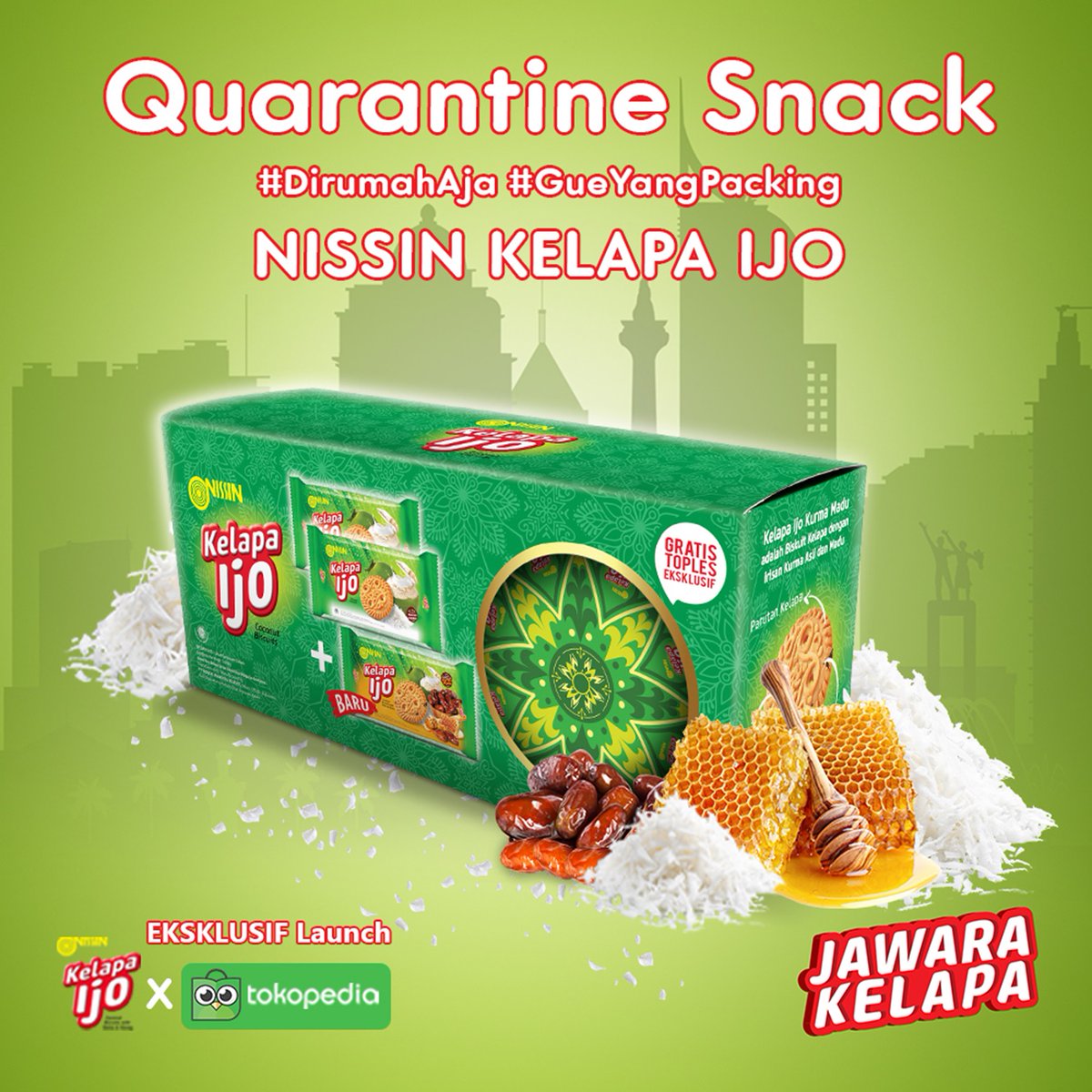 EXCLUSIVE LAUNCH on Tokopedia! Quarantine Snack Package dari Nissin Kelapa Ijo berisi 2 Pack Nissin Biskuit Kelapa Ijo, 1 Pack Nissin Biskuit Kelapa Ijo Kurma Madu (BARU!) dan juga 1 Toples Cantik Spesial Ramadan! . #DiRumahAja #GueYangPacking #NissinKelapaIjo #KijoKurmaMadu