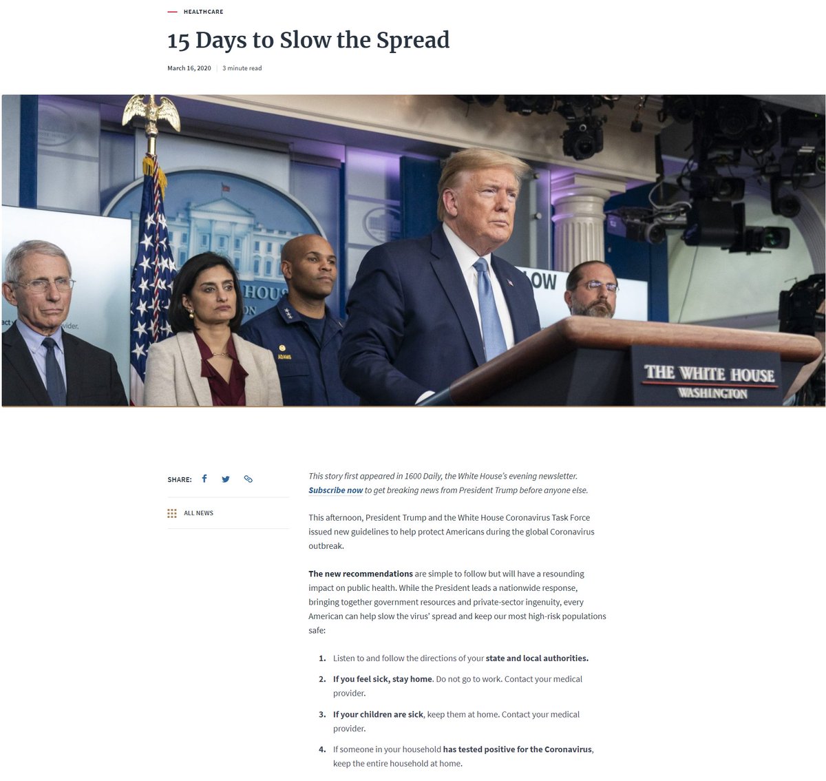 2) Trump then waited until March 16 to announce his support for these measures....  https://www.whitehouse.gov/articles/15-days-slow-spread/