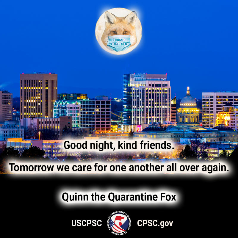 A fox in the moon over Boise, Idaho. The text reads: Good night kind friends. Tomorrow we care for one another all over again. Quinn the Quarantine Fox.