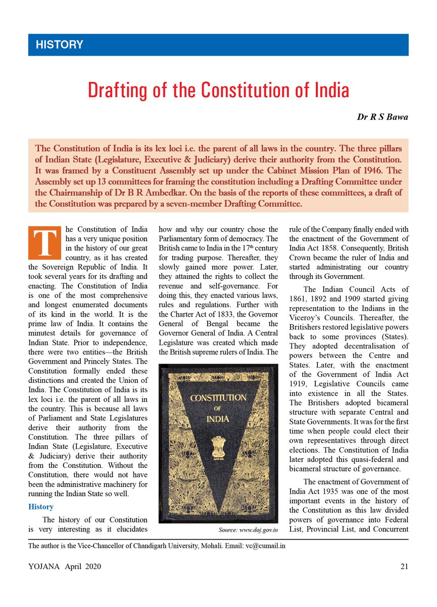 Read the article on 'Drafting of the  #Constitution of  #India' by  @Chandigarh_uni VC Dr RS Bawa, published in the April issue of  #Yojana, a  #development monthly.  #ambedkarjayanti  