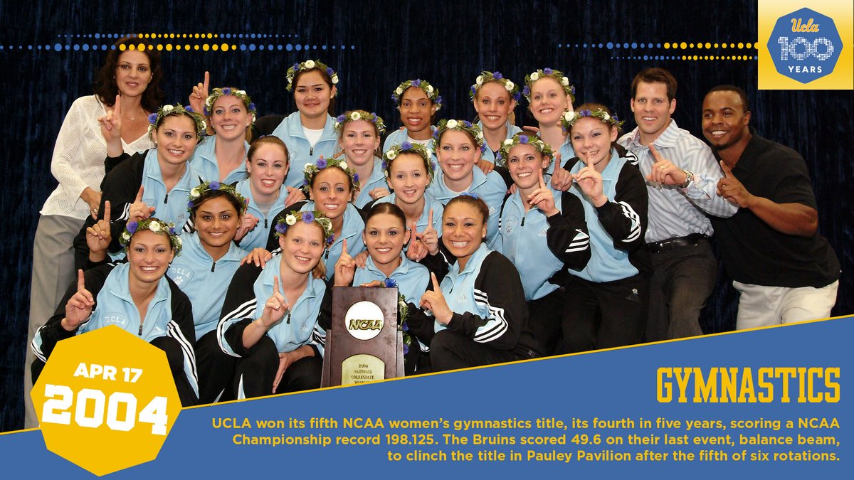 #UCLA100: #OTD in 2004, <a href="/uclagymnastics/">UCLA Gymnastics</a> captured its fifth NCAA title, scoring a NCAA Championship record 198.125 in front of the home crowd in Pauley Pavilion. 

uclabruins.com/centennial