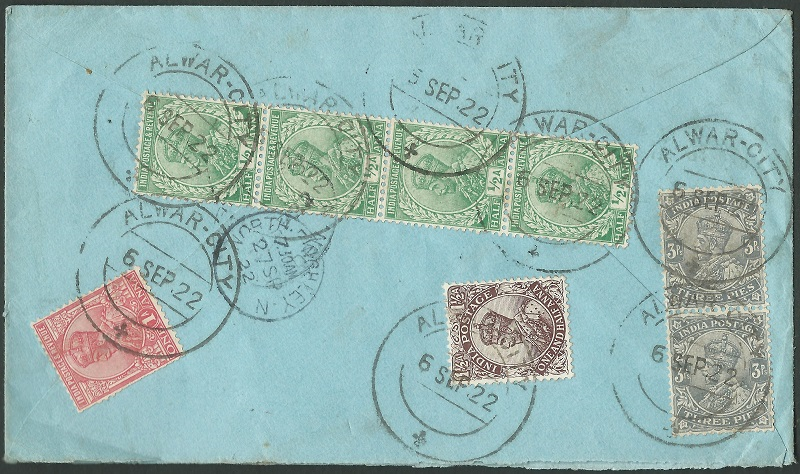 Rear shows total franking of 5A, tied by Alwar-City circular date stamps (6 SEP 22), paying the 2A first-weight (1oz) surface mail rate from India to England (1 Jan 1921 - 30 Nov 1931) + 3A foreign mail reg. fee (1 Sep 1921 - 31 Mar 1948).