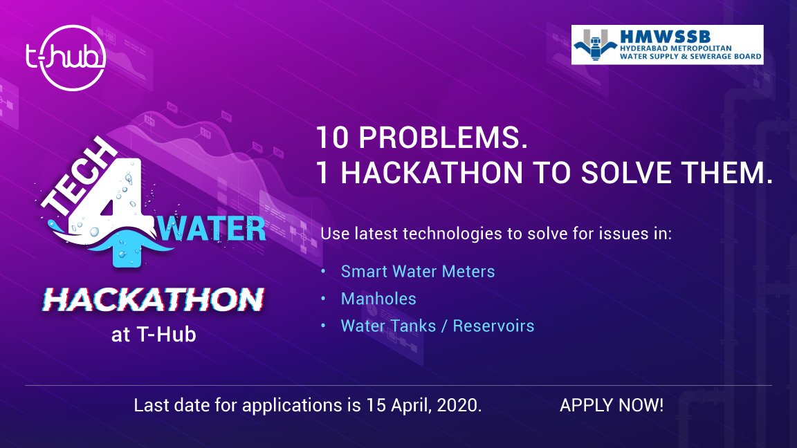 THubHyd's tweet photo. Last 2 days left to apply for the #Tech4Water #Hackathon! This is your chance to work with @HMWSSBOnline and enable efficient solutions for city's water supply and sewerage. Apply now, https://t.co/lH1kwDSk9r. #Hyderabad #Telangana
#InnovationEcosystem #InnovateWithTHub https://t.co/iQju4L5zok
