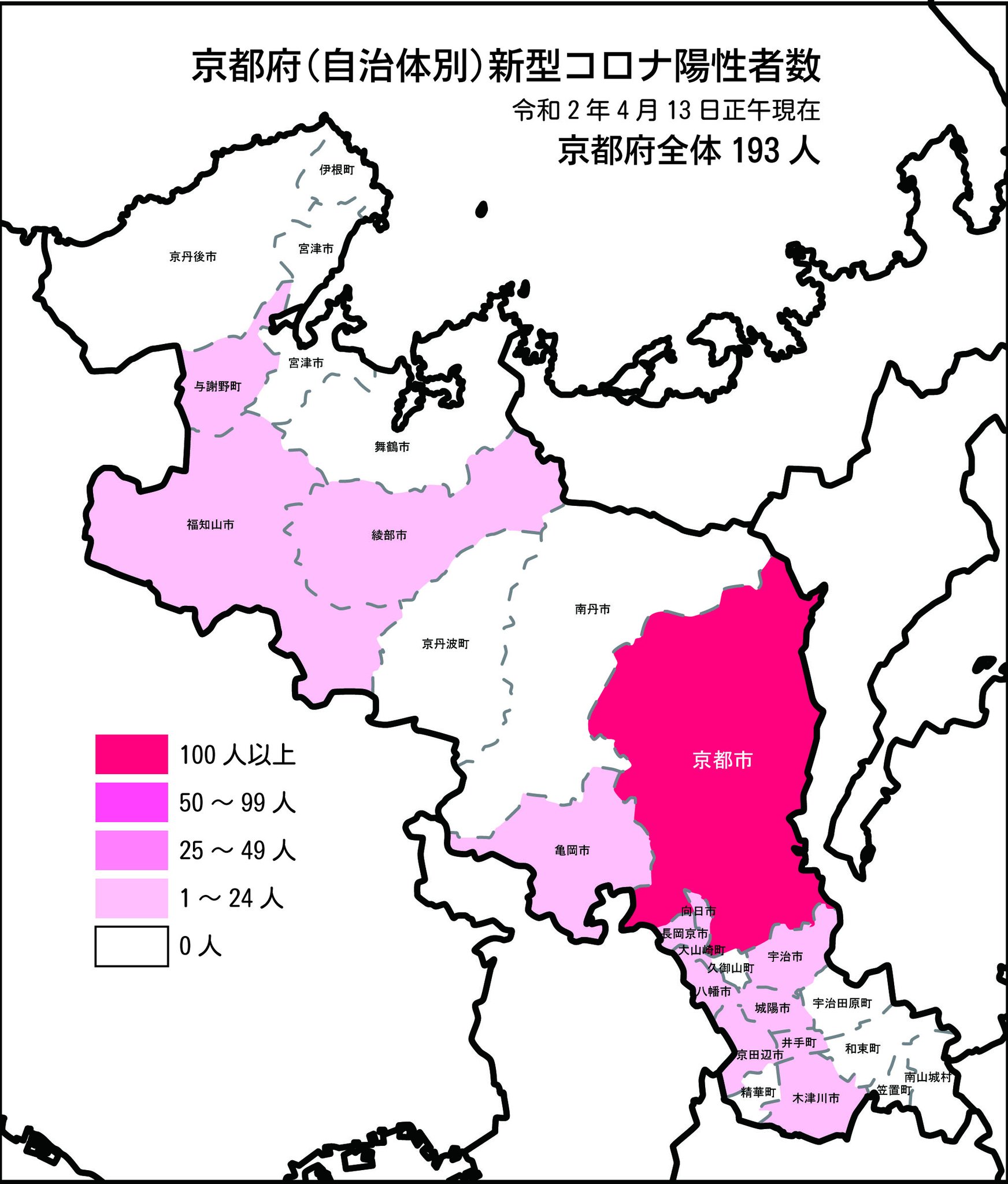 京都府議会議員 四方源太郎 綾部市選挙区 Sur Twitter 昨日 4月13日正午現在 の京都府内 の新型コロナウィルス陽性者の自治体別分布図です 京都府全体で193人です 京都新聞に数字があったので 白地図データを買って作ってみました 完全に防ぐことはできなく