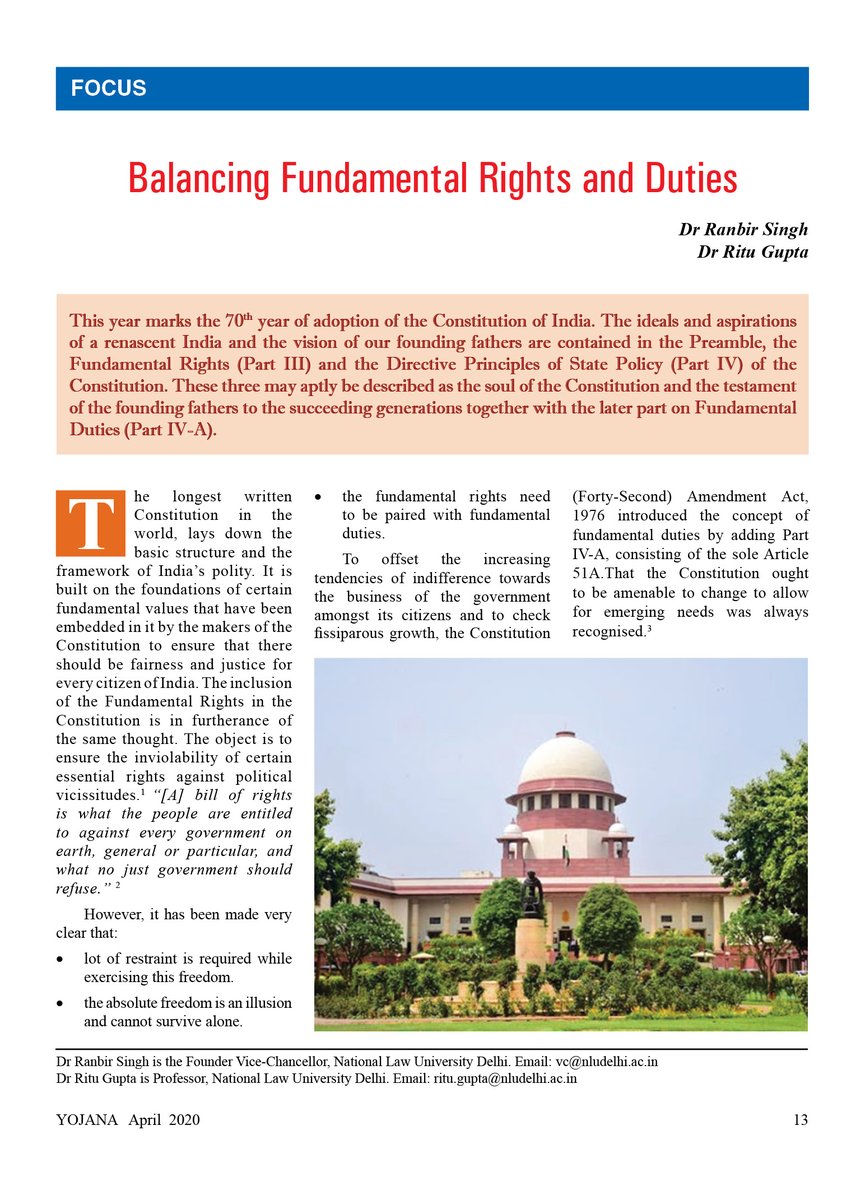 The  #Constitution of  #India is built on certain fundamental values to ensure fairness and justice for all. 'Balancing Fundamental Rights and Duties' is a detailed piece in  #Yojana written by Dr Ranbir Singh, Founder VC, National Law University,  #Delhi.  #ambedkarjayanti  