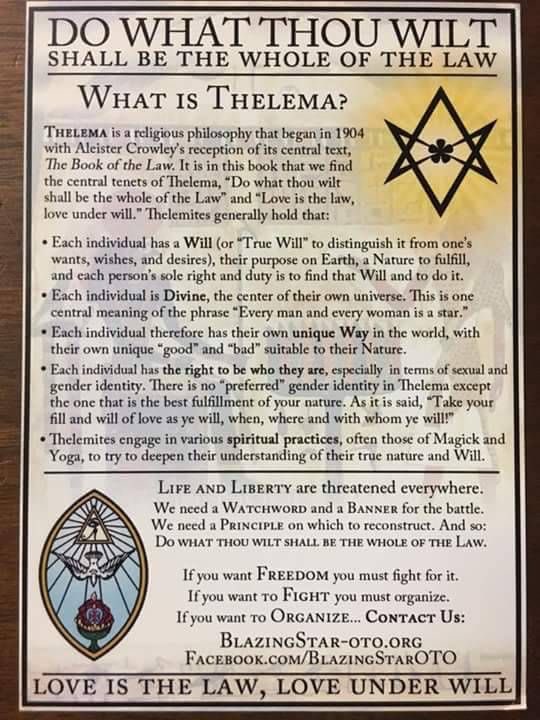 No pienso extenderme mucho en este tema por ser demasiado sensible para algunos, pero tengo que hablarles de la filosofía de Aleister Crowley supuesto papá de Barbara Bush, el Thelema, que influenció a Antón LaVey para la creación del Satanismo Laveyano Simbólico o Moderno.