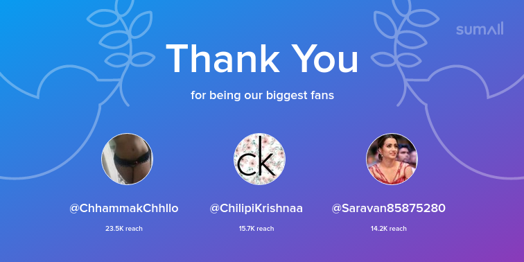 Our biggest fans this week: ChhammakChhllo, ChilipiKrishnaa, Saravan85875280. Thank you! via sumall.com/thankyou?utm_s…