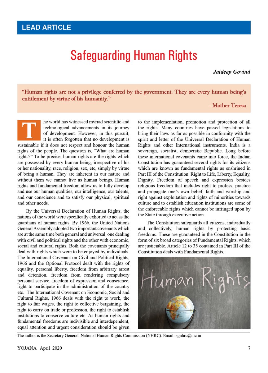 'Safeguarding  #HumanRights' is the lead article in this month's  #Yojana on the  #Constitution of  #India, penned by  @India_NHRC Secretary General, Jaideep Govind.  #AmbedkarJayanti  