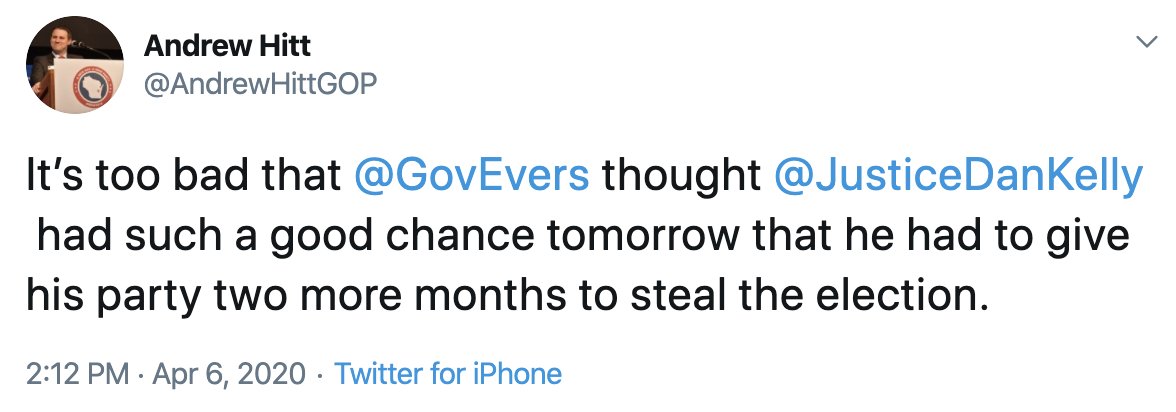 Republicans were coming in for the kill. The Wisconsin GOP chair flat-out accused Governor Evers of wanting to delay the election in order to "steal" it, out of fear that Dan Kelly was poised to win.