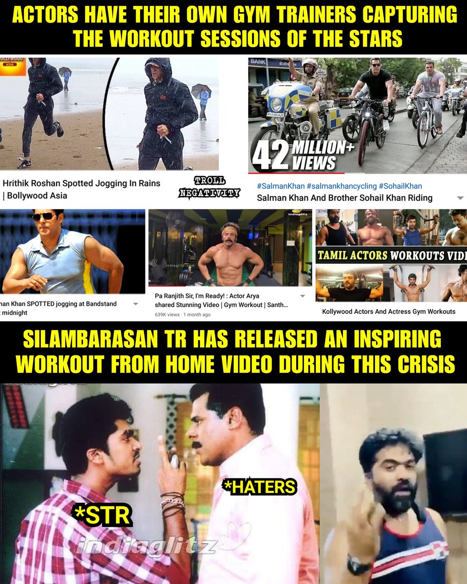 TrollNegativity's tweet photo. Haters!!! Keep eating sooru, sleep &amp; turn shapeless after lockdown 😝😁

#SilambarasanTR 's slipper shot #WorkoutsAtHome video 👏👏👏👏👏👏 #TRENDING #Simbu #Maanaadu https://t.co/nzXIFBZCXc