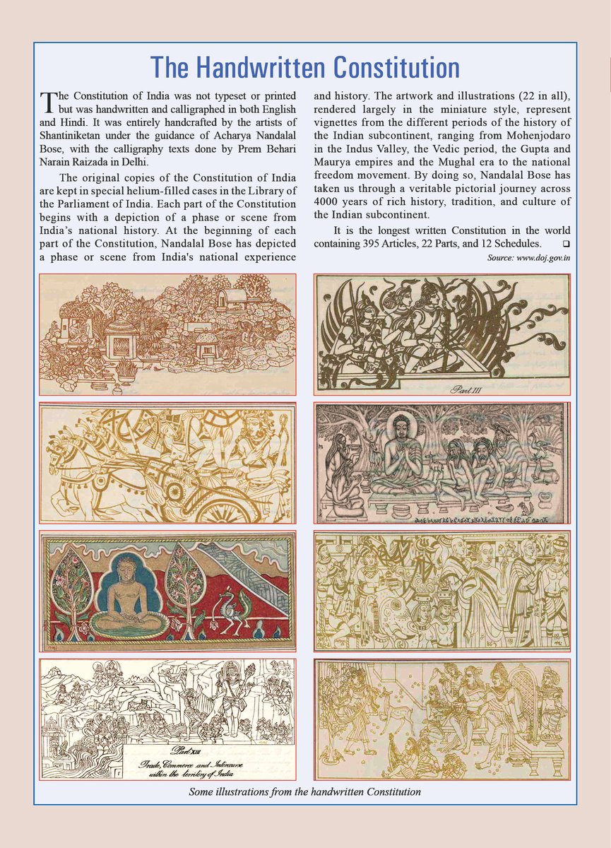  #DoYouKnow that the  #Constitution of  #India was not typeset or printed but was handwritten in both English and Hindi with beautiful illustrations. This month's  #Yojana journal published by  @DPD_India has a section dedicated to these intricate designs.  #AmbedkarJayanti  .