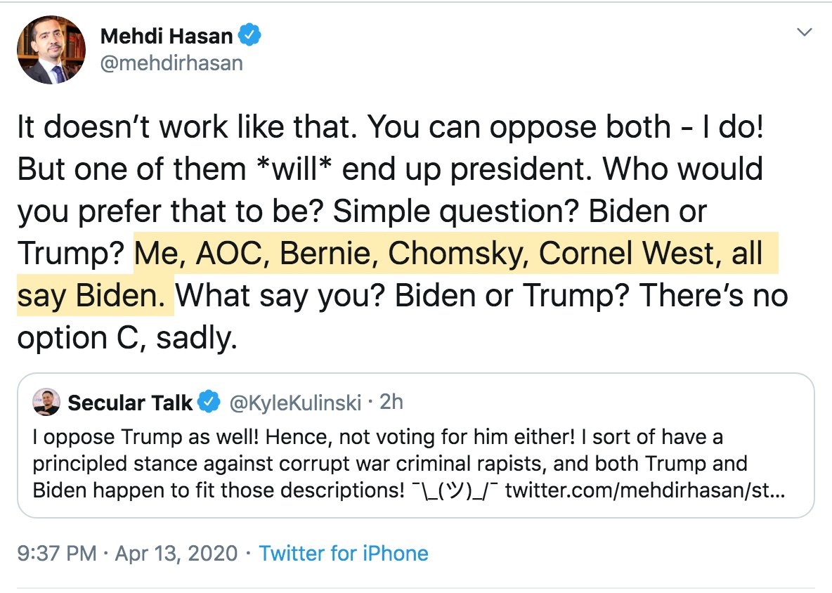 2/ As for  @mehdirhasan, the message isn't landing because his actual aim is to land a hosting gig at MSNBC. That's why he's left-punching and voter-shaming, and that's why he's enough of a Disaster Narcissist to equate himself w/ Bernie, AOC, Chomsky, and Cornel West.