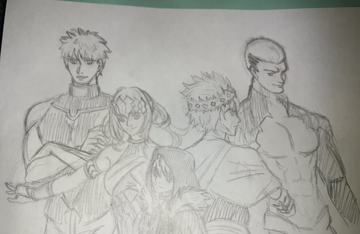 KINGlNCARNATE's tweet photo. my attempt to draw gray with her servants https://t.co/s4OgGBvGnx