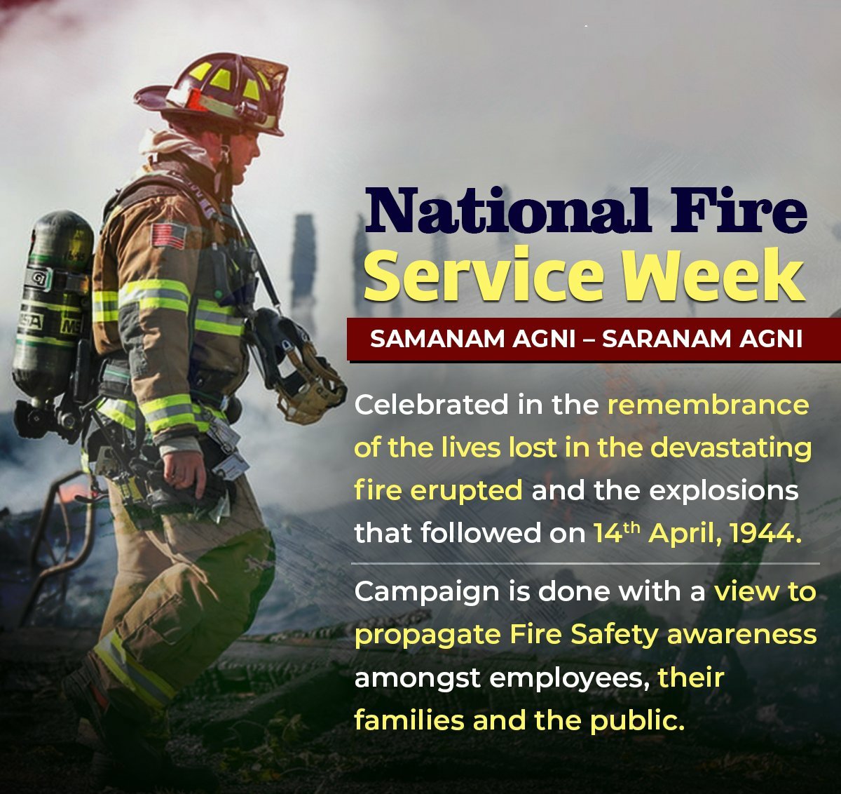 #NationalFireServiceWeek #FireService #BombayExplosion

National Fire Service Week is observed every year to remember those 71 firemen who lost their lives fighting the fire.
#April14th