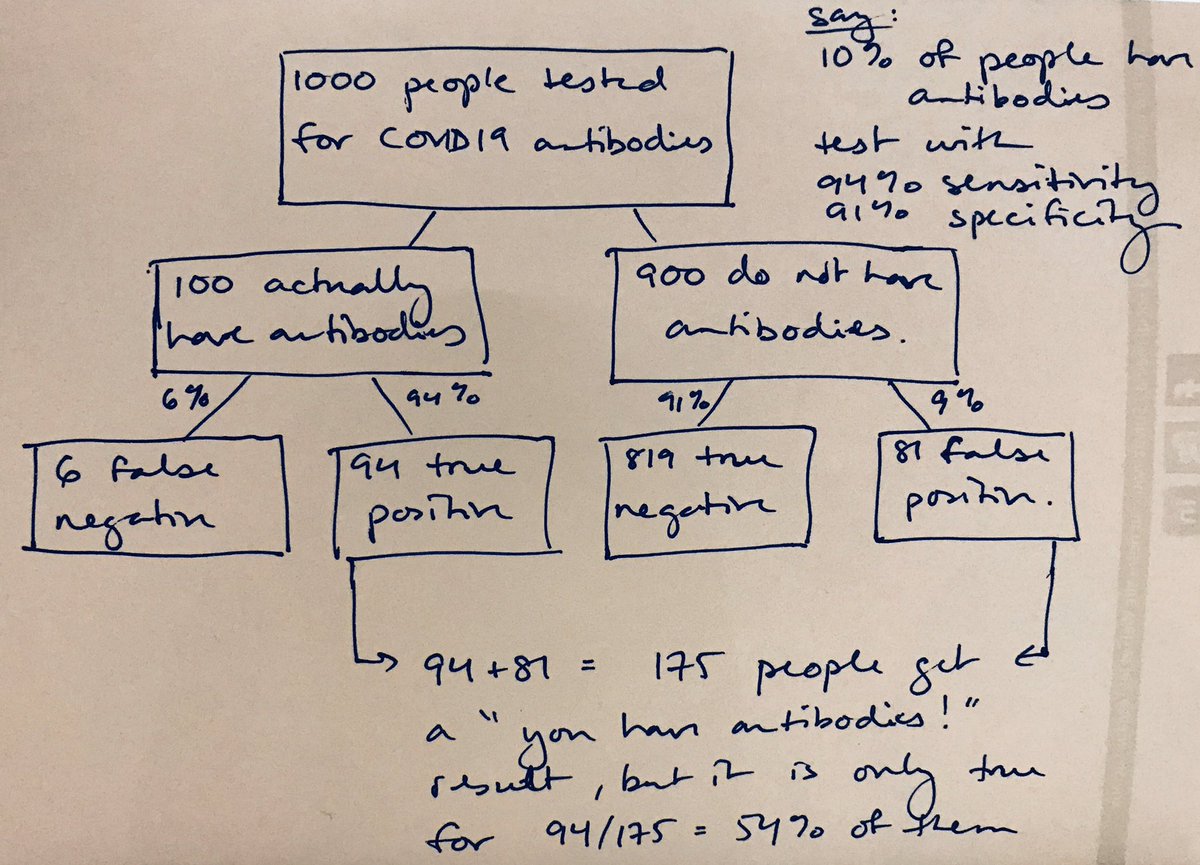 This means that out of 1000 people, of whom 100 actually have antibodies, a total of 175 people will get a “you have antibodies!” result but it will only be correct for 94/175 = 54% of them.