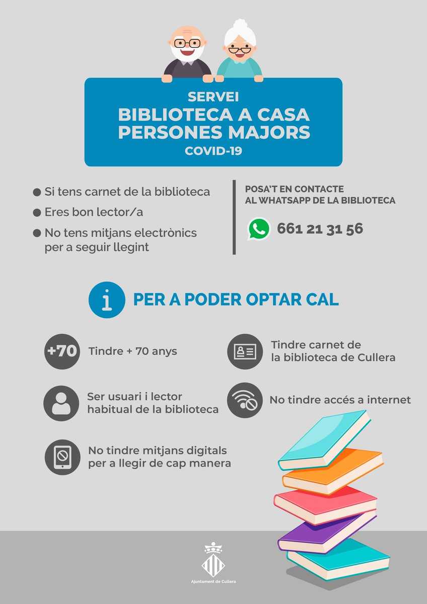BIBLIOCULLERA's tweet photo. Que cap persona es quede sense llegir! Si compleixes amb els requisits del servei de préstecs a majors a casa, posa't en contacte amb nosaltres al Whats. 661 21 31 56.
#seguimconectats #bibliotecaencasa #cullera #JuntosLoConseguiremos https://t.co/PhFh7eLCFS