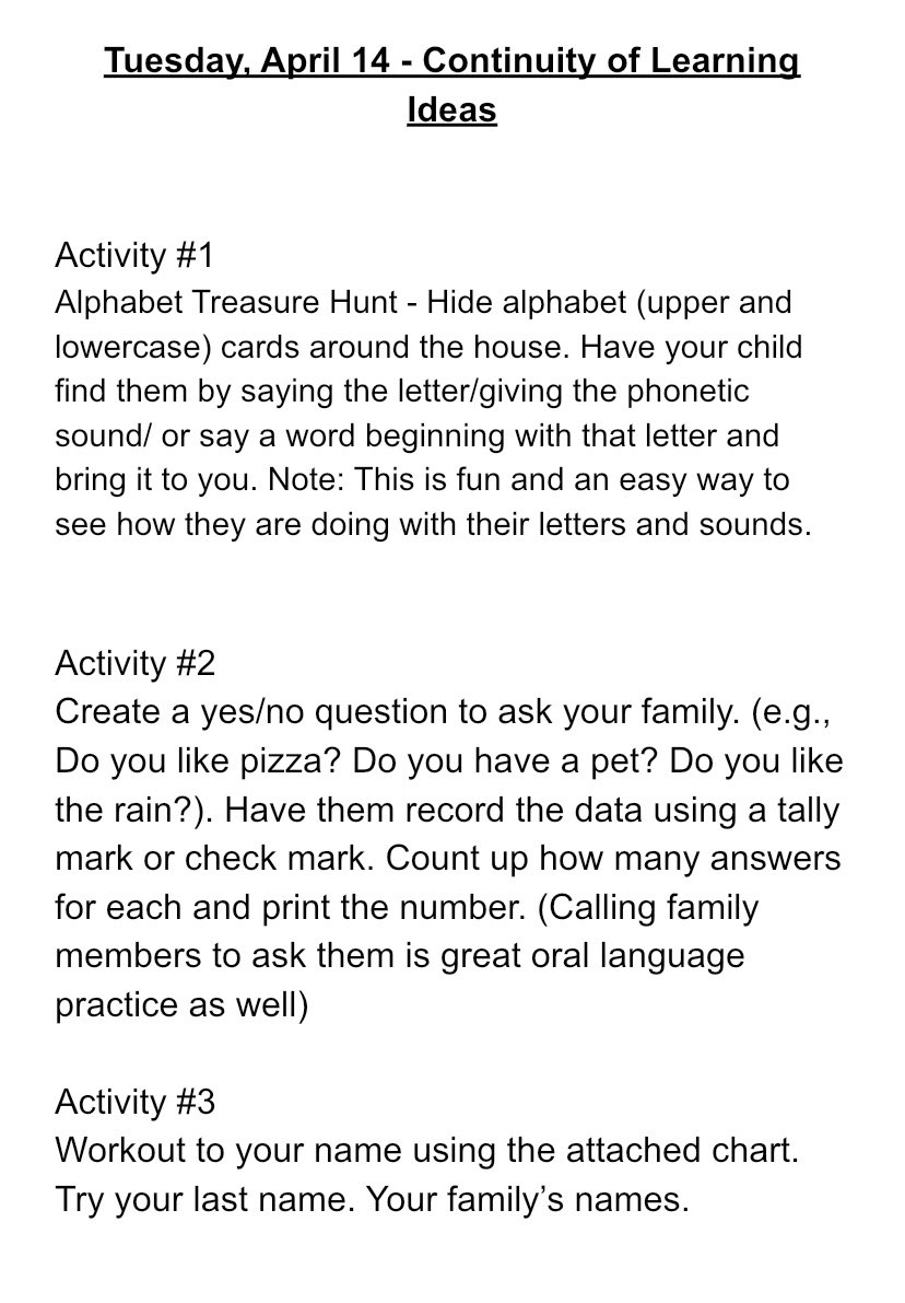 nolan_enolan's tweet photo. Tomorrow begins the second week of #distancelearning in #Kindergarten. Here are tomorrow’s ideas. https://t.co/RPMnd5UYv8