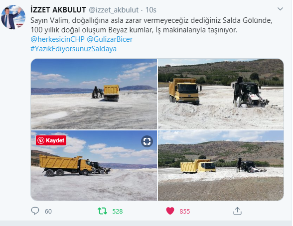 ➤Koronavirüs salgının gündemi meşgul ederken
 ➤Doğa harikası Salda Gölü'ne iş makineleriyle girilerek çalışmalara başlandı.