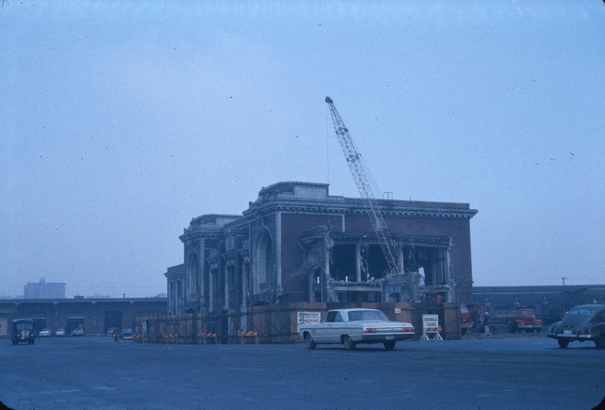 by the mid 1960s, 50 year old dreams of rail empire were long gone, and neither station was very busy. GN asked the city for a property tax break, but were denied, and so the GN station was demolished. GN moved next door.  http://searcharchives.vancouver.ca/wrecking-great-northern-depot-vancouver  https://searcharchives.vancouver.ca/great-northern-depot