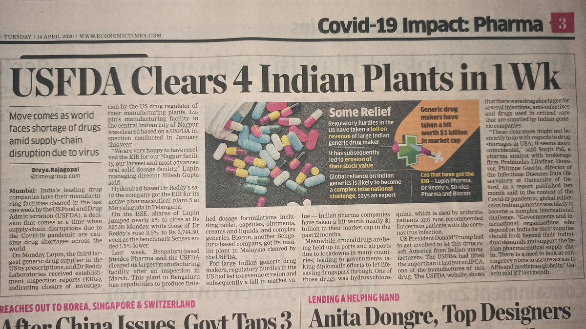 US FDA clears 4 major Indian Pharma companies in their inspection. On Monday itself FDA cleared Lupin & Dr Reddy's lab. These were long pending clearance coming after India allowed  #hydroxychroloquineExport to US."Someone" rightly said that PM Modi is a tough negotiater 