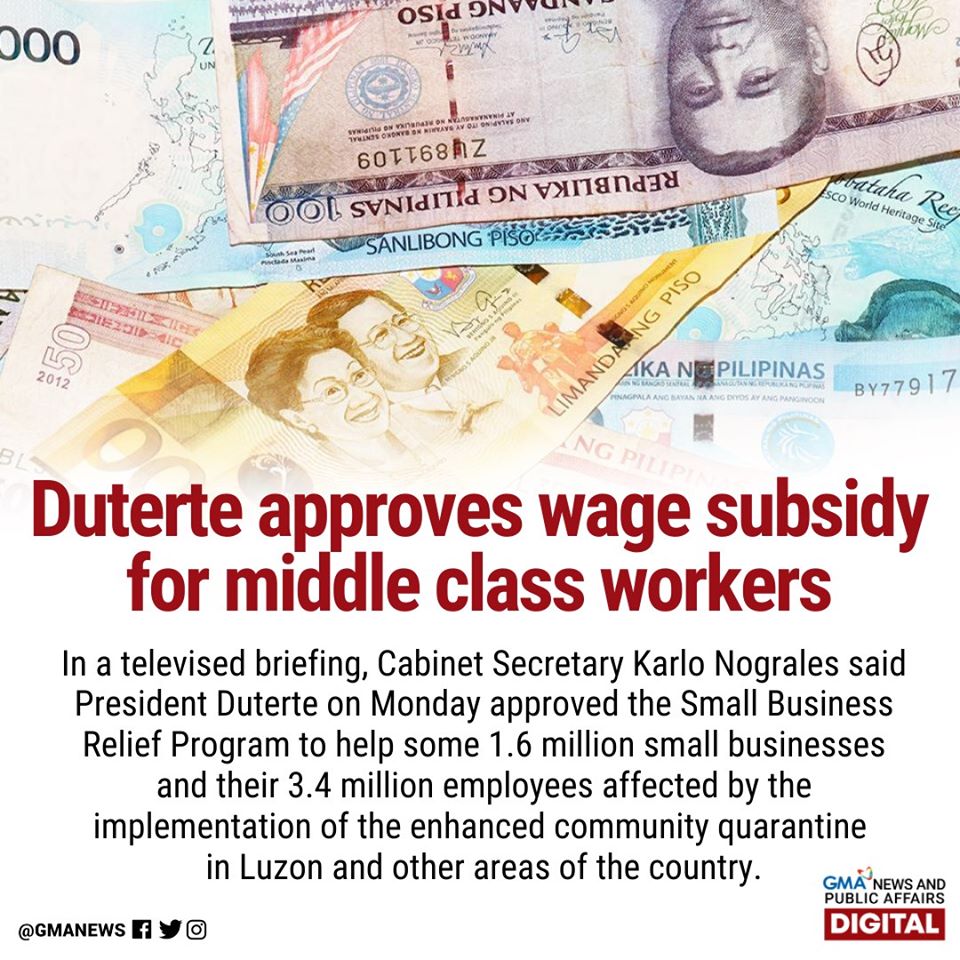 gmanews's tweet photo. Aprubado na ni Pangulong Duterte ang wage subsidy para sa middle class workers, ayon kay Cabinet Secretary Karlo Nograles.

BASAHIN: https://t.co/MEuXyZNoBA https://t.co/TMgByZttgs