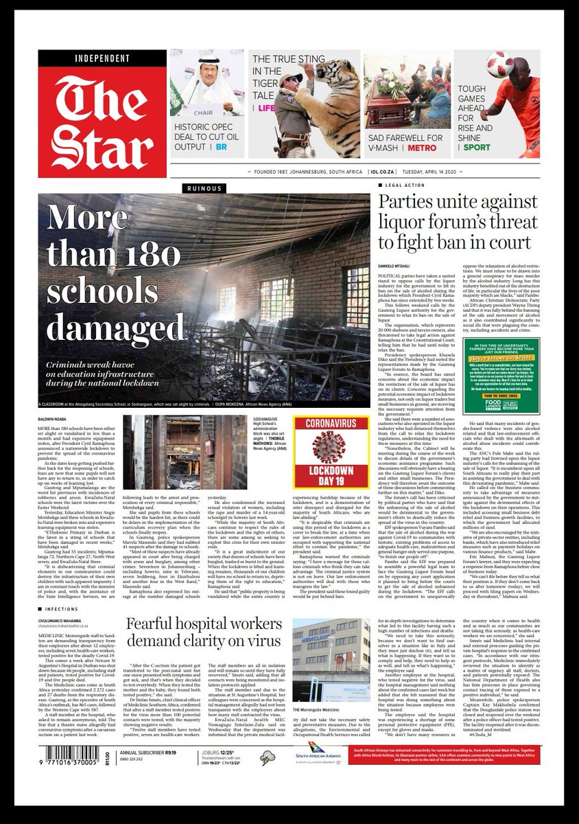 TheStar_news's tweet photo. In #TheStarNews today: More than 180 schools damaged as #lockdown continues, Parties unite against liquor forum's threat to fight alcohol ban in court, Fearful hospital workers demand clarity on #covid19, Sad farewell for #VMash and more: https://t.co/3zrA14lcsl