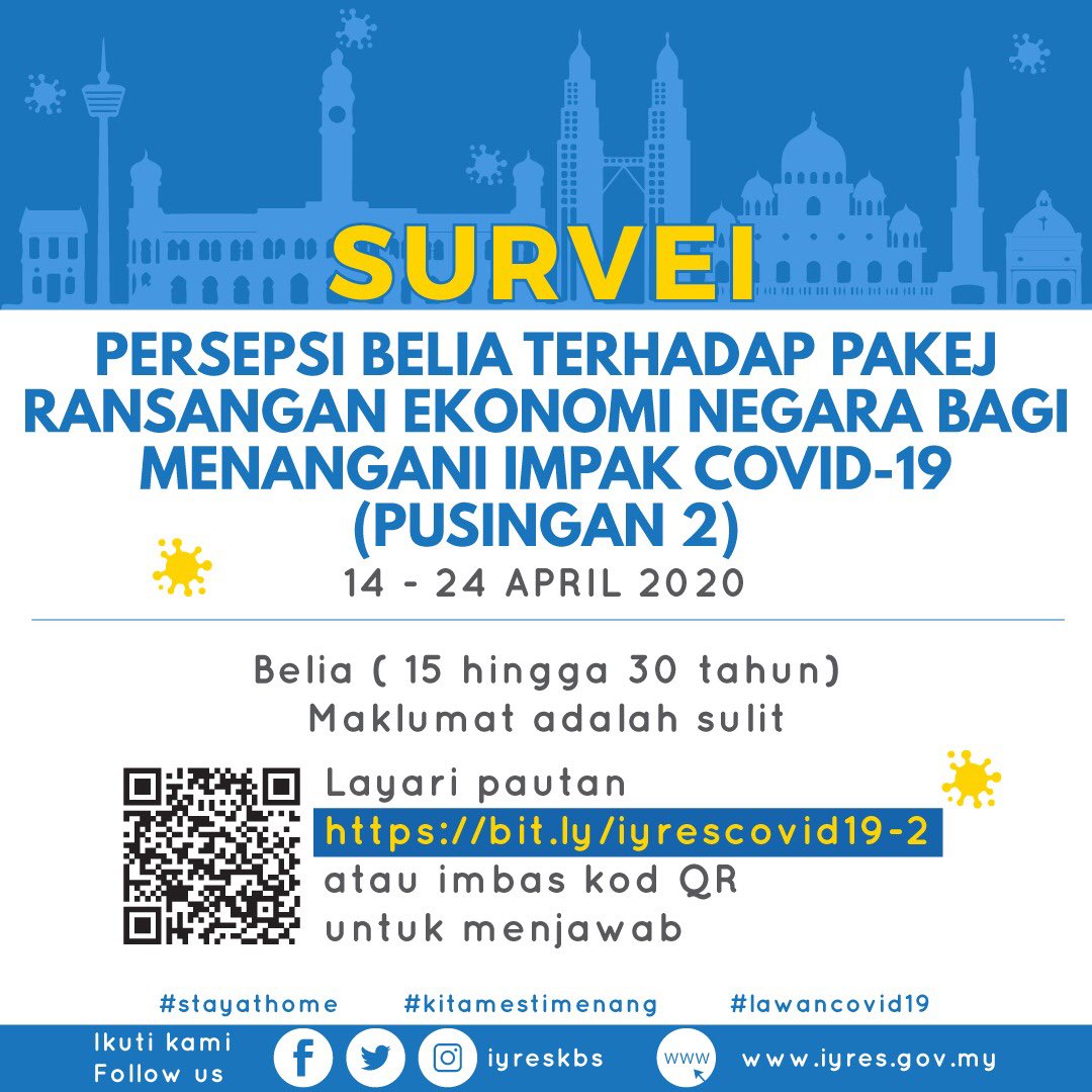 IYRESKBS's tweet photo. Pihak IYRES, KBS sedang menjalankan kajian Persepsi Belia Terhadap Pakej Rangsangan Ekonomi Negara bagi menangani impak Covid-19 (Pusingan Ke-2).

Ayuh, kongsikan maklum balas anda di pautan berikut:                                                        https://t.co/g88qdv1JVR https://t.co/ibrIDwq2Gl