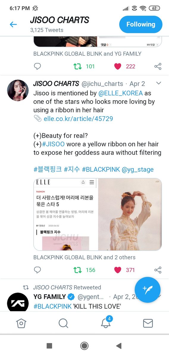 5th: On 2nd April Elle Korea mentioned Jisoo as one of the stars who looks more loving by using ribbon in hair.This acc again didn't share it. But they shared article of an other member (pointed out). Why?