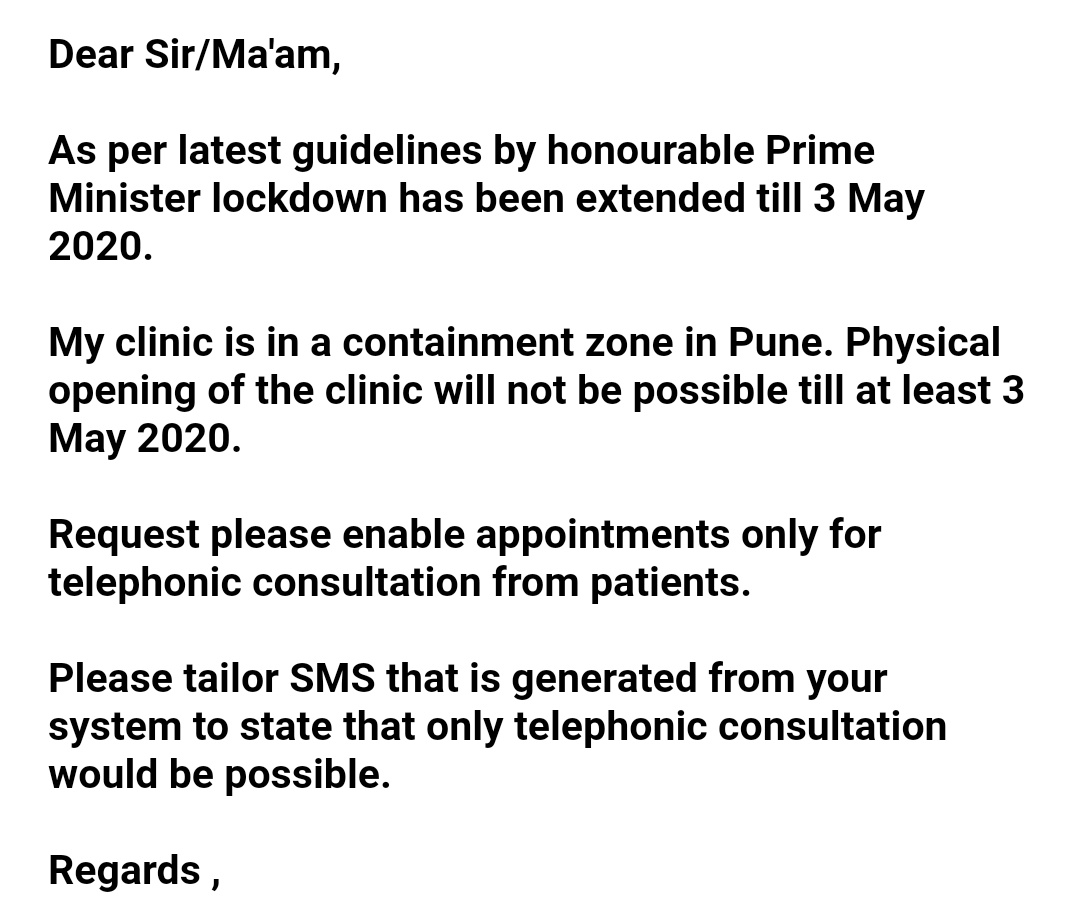Request  @Practo to facilitate only telephonic consultation with a proposed patient during period of lockdown from today till 3 May 2020. Please generate SMS to proposed patient & doctor which states that only telephonic consultation would be feasible. Thanks.