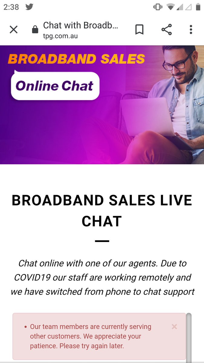 harithroshana's tweet photo. @TPG_Telecom #nbn connection drops every 5-10 minutes for weeks. Was trying to contact technical support since then. Every time it ends up; the call which never gets picked up saying to go for chat support that say 'try again later'. Should I complain this to @Telco_Ombudsman? https://t.co/J8cMYKnXDG