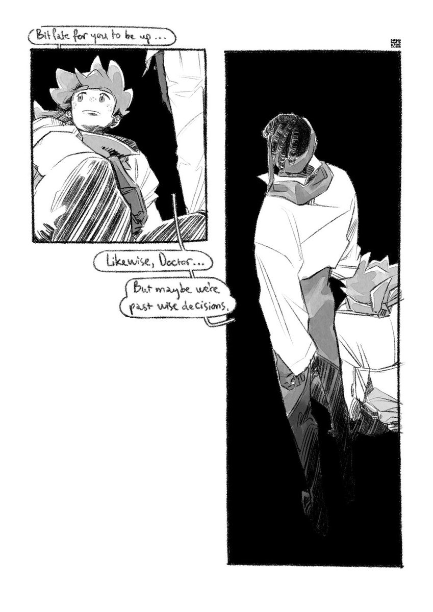 a small comic set before the d-day in the dragon heart AU, with Raihan as a knight sent on a death wish mission and saved by Milo, a dragon living as a doctor in a sequestered village