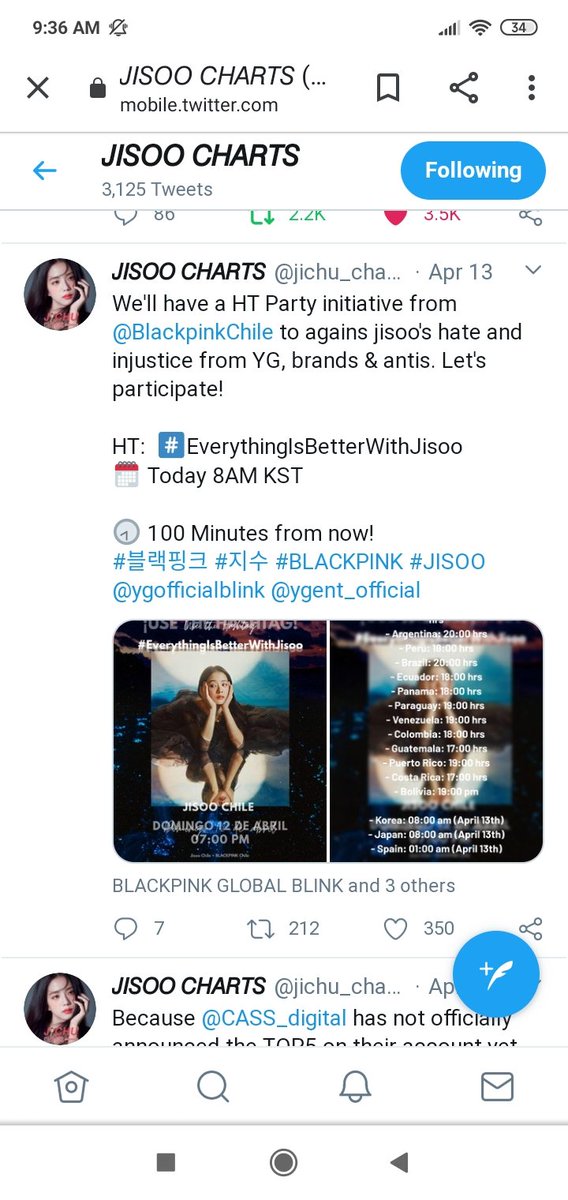 8th: On 13th April  @BLACKPINKChile initiated a hashtag party against hate, injustice towards jisoo.This acc didn't post about the event, just posted about it once with the hashtag, but didn't even share how this hashtag trended worldwide also in other countries.