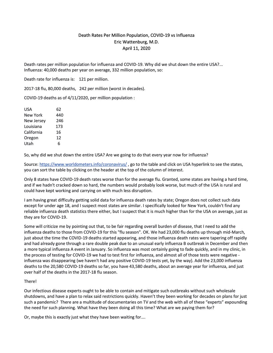 EricWattenburg's tweet photo. Death rates COVID-19 vs influenza, more proof that we overreacted to this. #asavagenation #POTUS #OPEN https://t.co/Rx9MfZ2Dbr