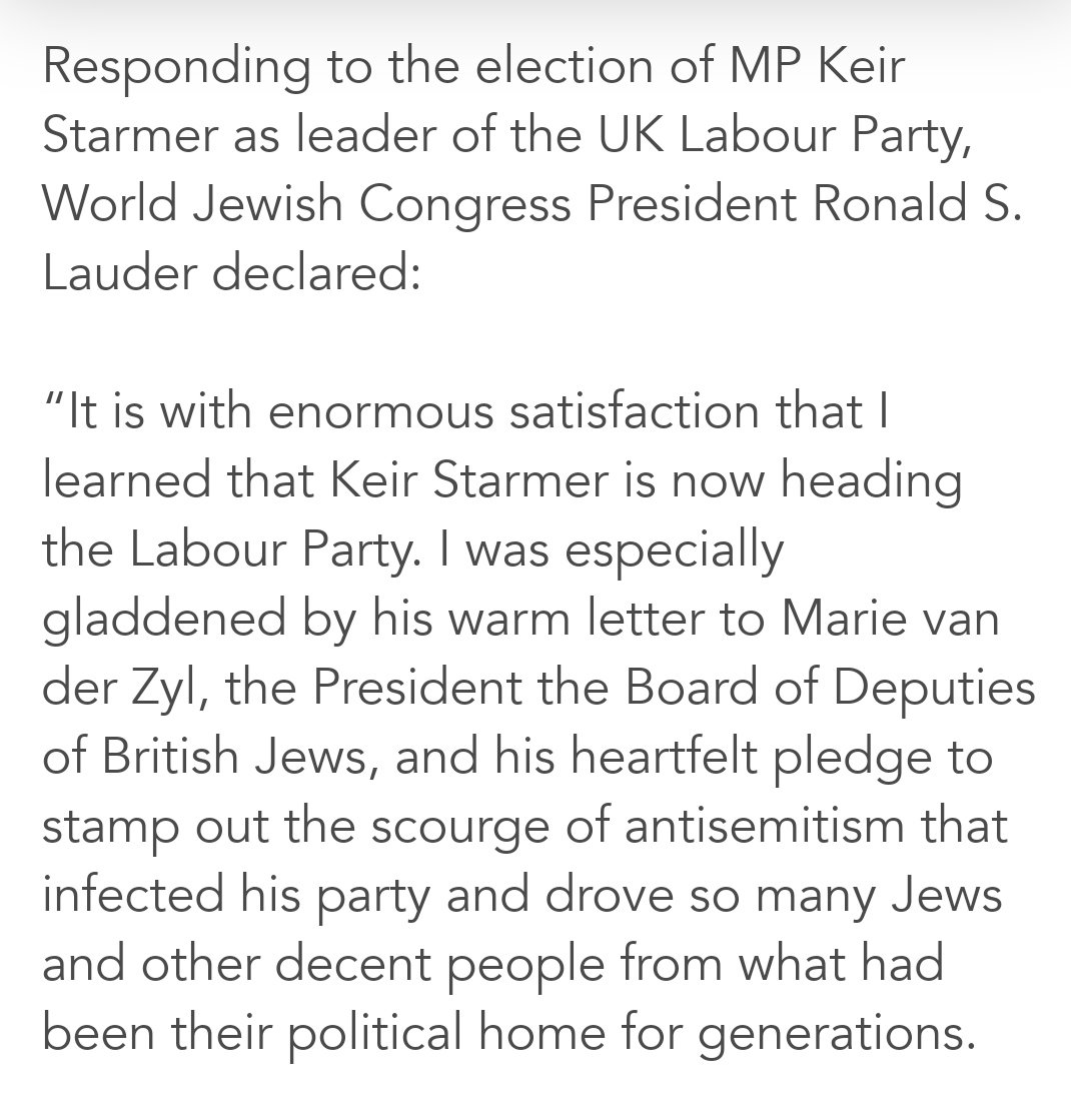 But the Epstein links don't stop there: the heavily scented WJC president Ronald Lauder was one of the first to congratulate Starmer. Yes, the same Lauder who provided the paedophile Epstein with a fake passport in the Eighties.  https://www.worldjewishcongress.org/en/news/wjc-president-lauder-welcomes-election-of-keir-starmer-as-head-of-uk-labour-party-4-1-2020  https://twitter.com/drbairdonline/status/1155111994967543808?s=19