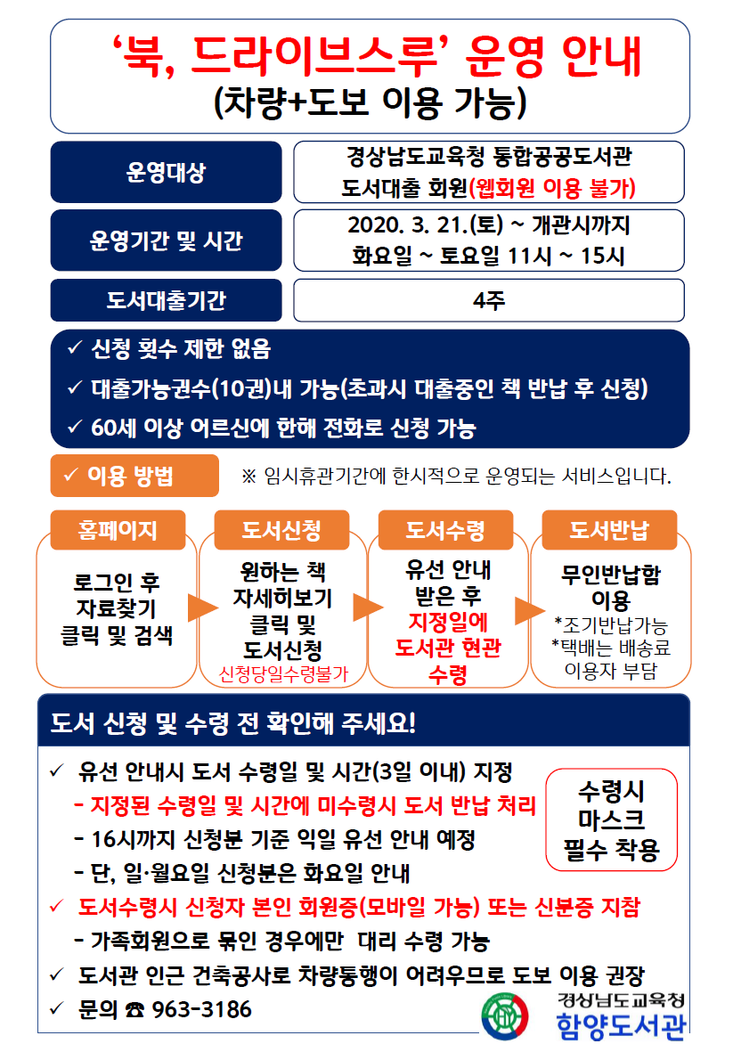 [변경] '북, 드라이브스루' 서비스 운영 안내(차량+도보 이용 가능)
- 운영대상: 경상남도교육청 통합공공도서관 도서대출 회원(웹회원 이용 불가)
- 운영기간 및 시간: 2020. 3. 21.(토) ~ 개관시까지
- 도서대출기간: 4주
- 대출가능권수(10권) 내 가능(초과 시 대출중인 책 반납 후 신청)