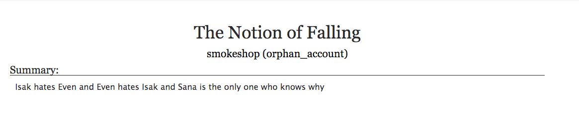 3. a fic you've reread several times: The Notion of Falling by smokeshop- SKAM (norway), evak- i'm in love with this fic, i actually just reread it again a few days ago- all types of relationships (romance, family, friends) are done so well it's beautiful