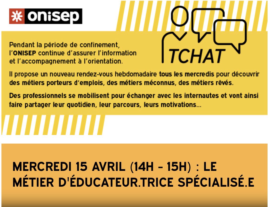 VieLyceenne's tweet photo. L’@Onisep organise, chaque mercredi à 14h, un tchat sur un métier avec des professionnels.
🗓 ce mercredi: un tchat sur le métier d’éducateur spécialisé.
Pour en savoir plus et pour poser des questions ⤵️
https://t.co/PohzOmFNpq
#orientation https://t.co/iMBjb9HdLe