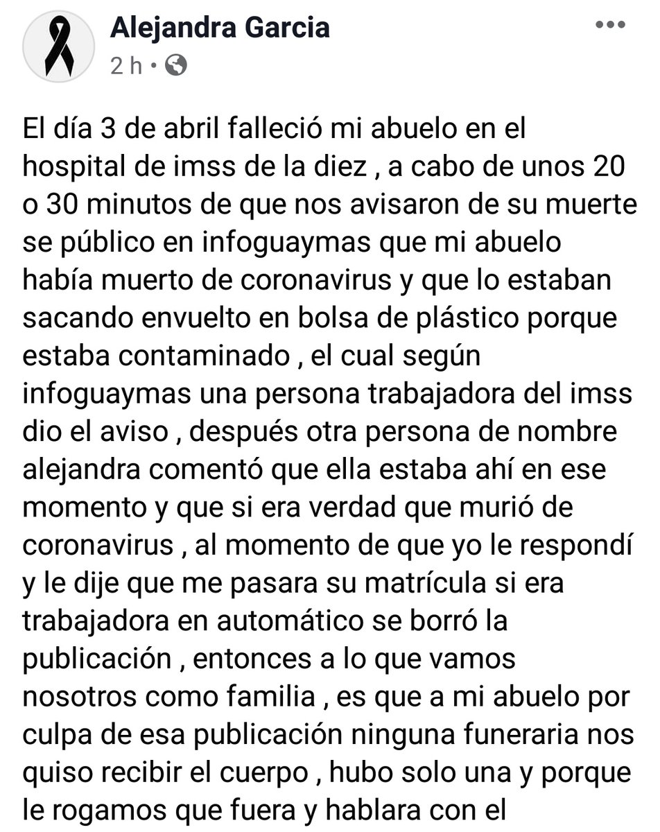 ElRigel_'s tweet photo. Vean ustedes como la desinformación llega a causar gran daño. Alejandra García cuenta como @ricardolopezobr de #InfoGuaymas, perjudicó gravemente a su familia con una nota en la que señalaba que su abuelo murió por posible #COVID2019, algo que resultó totalmente falso. https://t.co/Pojwugh5J5