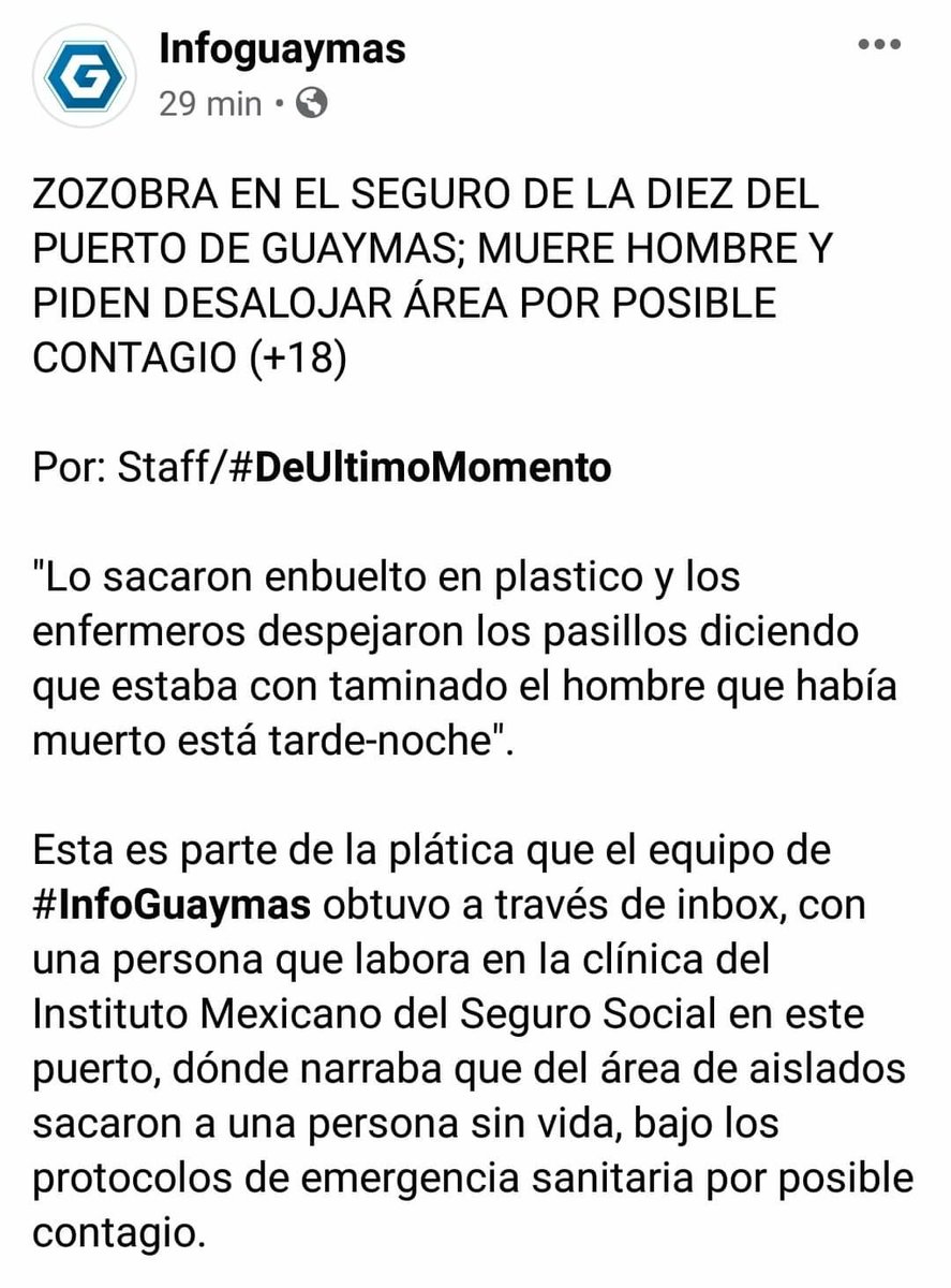 ElRigel_'s tweet photo. Vean ustedes como la desinformación llega a causar gran daño. Alejandra García cuenta como @ricardolopezobr de #InfoGuaymas, perjudicó gravemente a su familia con una nota en la que señalaba que su abuelo murió por posible #COVID2019, algo que resultó totalmente falso. https://t.co/Pojwugh5J5