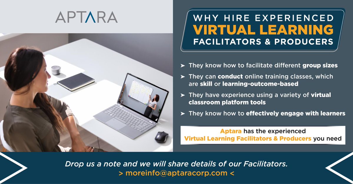 Aptara's tweet photo. 4 Reasons why you should hire #virtual #learning #facilitators 
#learningexperience #facilitation #teaching #traininganddevelopment #trainingproviders #learningdesing https://t.co/Can7WQQjEl