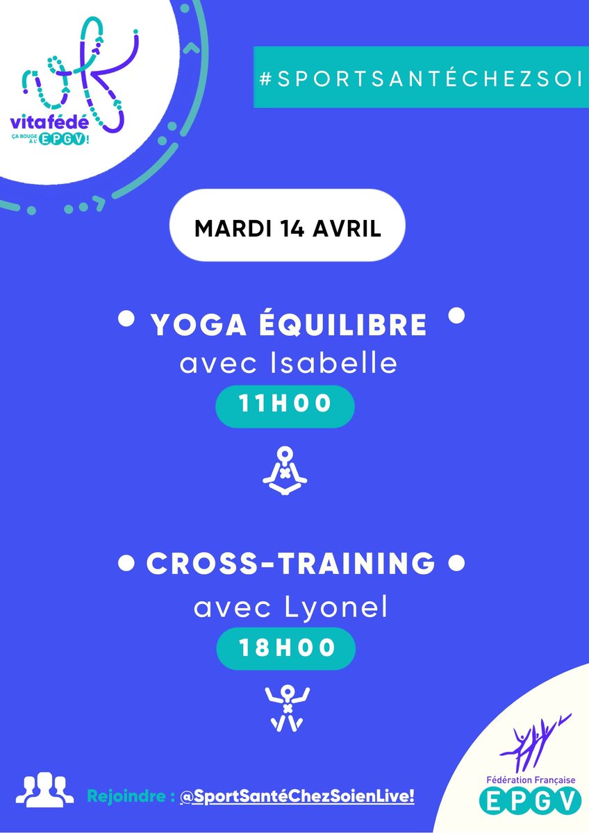 Vos LIVEs #SportSantéChezSoi du jour 🤩

👉à 11h00 : une séance de #YOGA ÉQUILIBRE - spéciale dos avec Isabelle

👉à 18h00 : un bon #CROSSTRAINING avec Lyonel 

Accès aux LIVEs ici : bit.ly/groupe-faceboo…

Déjà 3500 participants réunis ! #BougezChezVous #sportSanté
