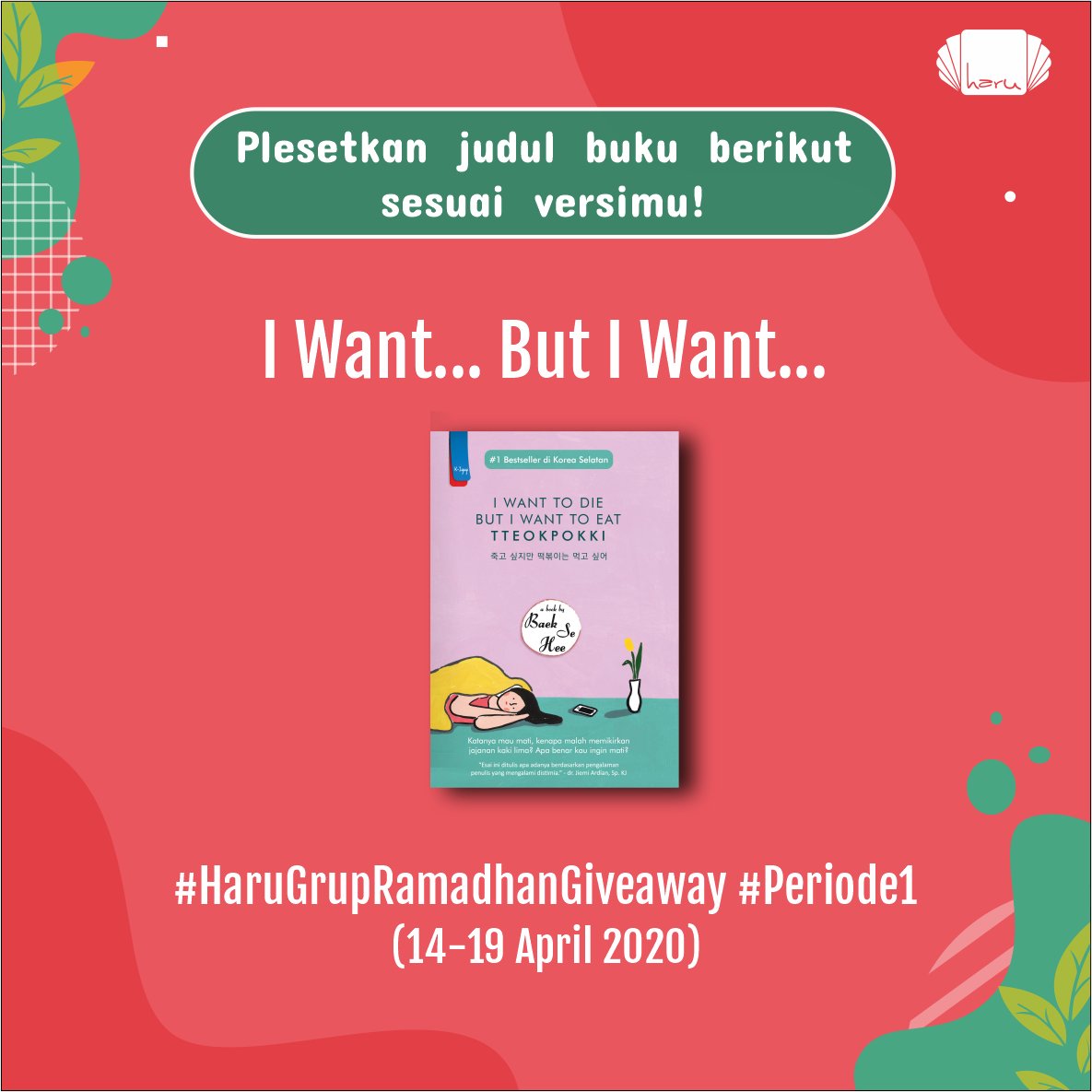 penerbitspring's tweet photo. 3.Plesetkan judul buku berikut sesuai versimu!
I Want... But I Want...
4.Format jawaban:
[Jawaban] #HaruGrupRamadhanGiveaway #Periode1
5.Contoh: 
I Want to Sleep, But I Want to Read Haru Book #HaruGrupRamadhanGiveaway #Periode1 https://t.co/YcPsKaB4Ju