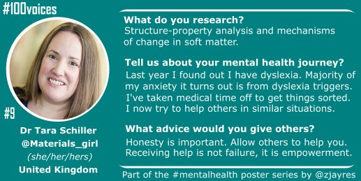 #9. Dr Tara Schiller ( @Materials_Girl) talks about the late diagnosis of her dyslexia, and how her anxiety is largely related to dyslexia triggers. She highlights the importance of taking medical time out, where she made time to adjust. #100voices  #academicchatter