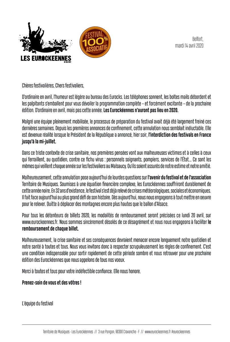 eurockeennes's tweet photo. Les Eurockéennes n’auront pas lieu en 2020. https://t.co/MgZqoo4R6s