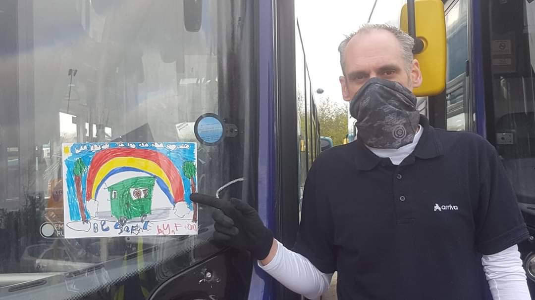 Massive Thank you to all the key workers. This is by Brother Paul Bailey keeping the wheels turning in Hemel Hempstead <a href="/arrivatheshires/">Arriva Bedfordshire</a>, My little boy Fionn is so proud his picture is on a Bus to make people smile. #keyworkerHeroes #rainbowsofhope